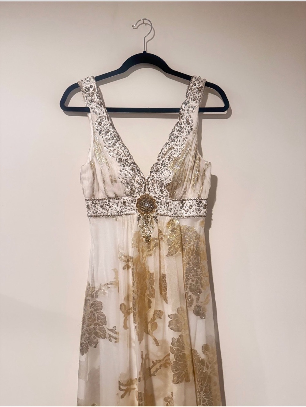Vintage Sue Wong White and Gold Beaded and Embellished Gown
